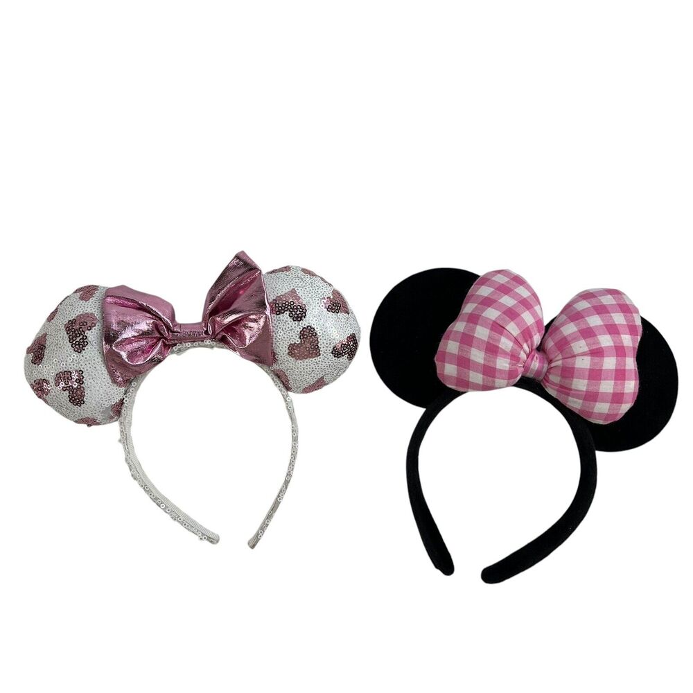Disney Store Minnie Mickey Mouse Sequins Hearts Ears Pink Gingham Headband Black